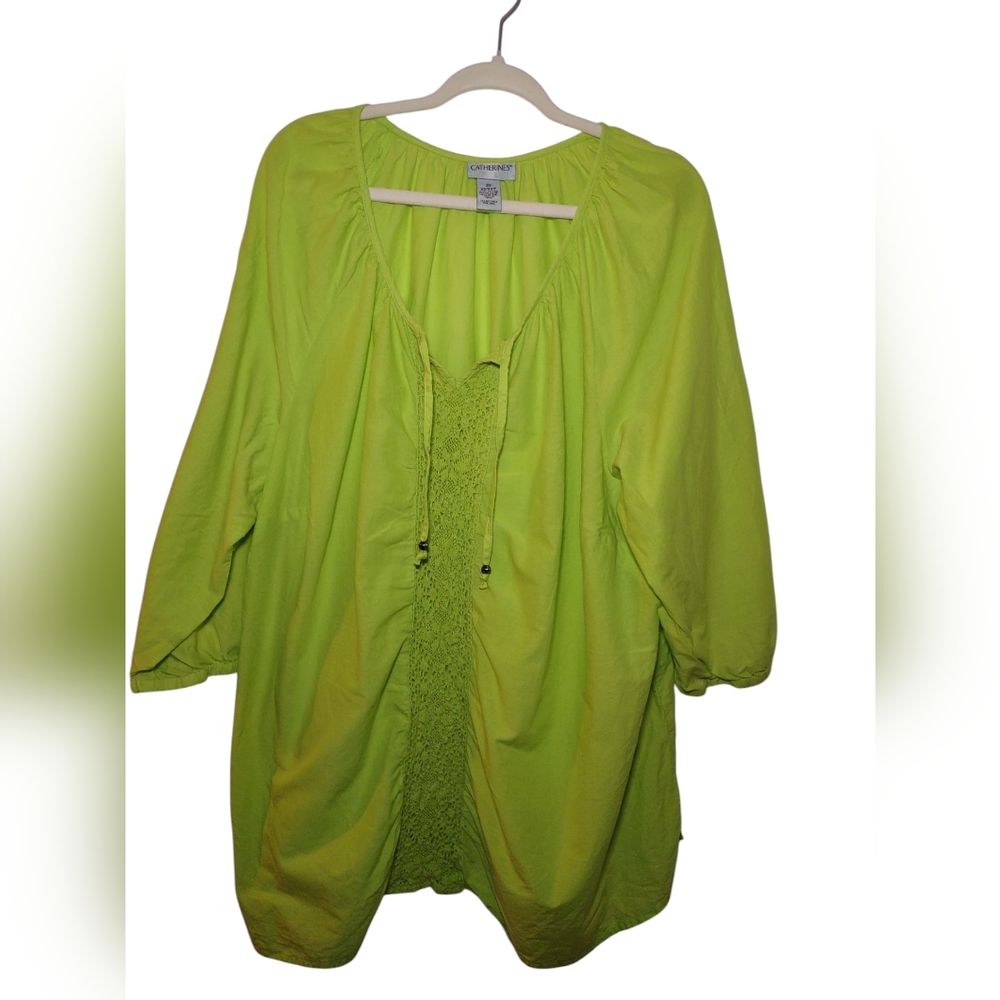 Catherines Boho 100%Cotton Lace Green 3/4 Sleeve Blouse Women 2X 22/24W